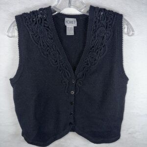 VTG Koret Sweater Vest Button‎ Lambswool Blend Black Granny Goth Romantic Sz M
